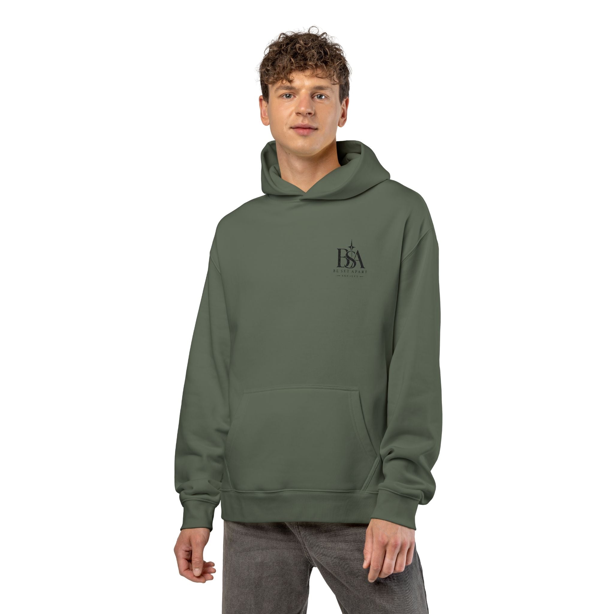Relaxed Hoodie with Tiny Mountain Patch – Minimal Cozy Outdoor Graphic Hoodie