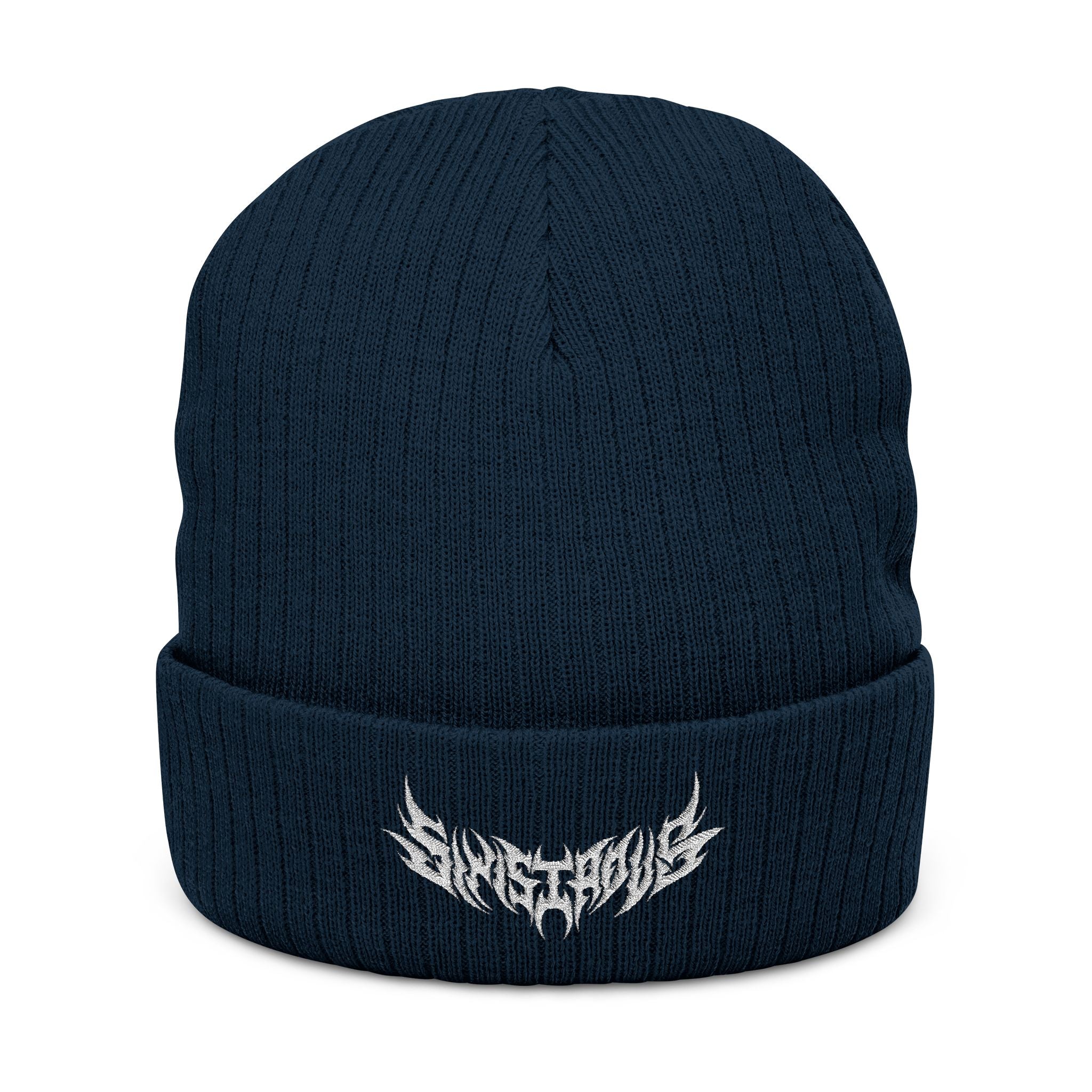 Embroidered Ribbed Beanie — Black Heavy Metal Logo Knit Hat