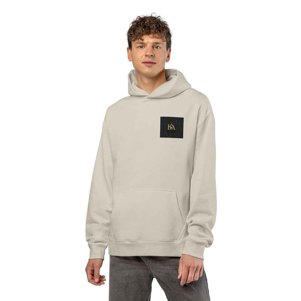 Relaxed Hoodie with Tiny Mountain Patch – Minimal Cozy Outdoor Graphic Hoodie
