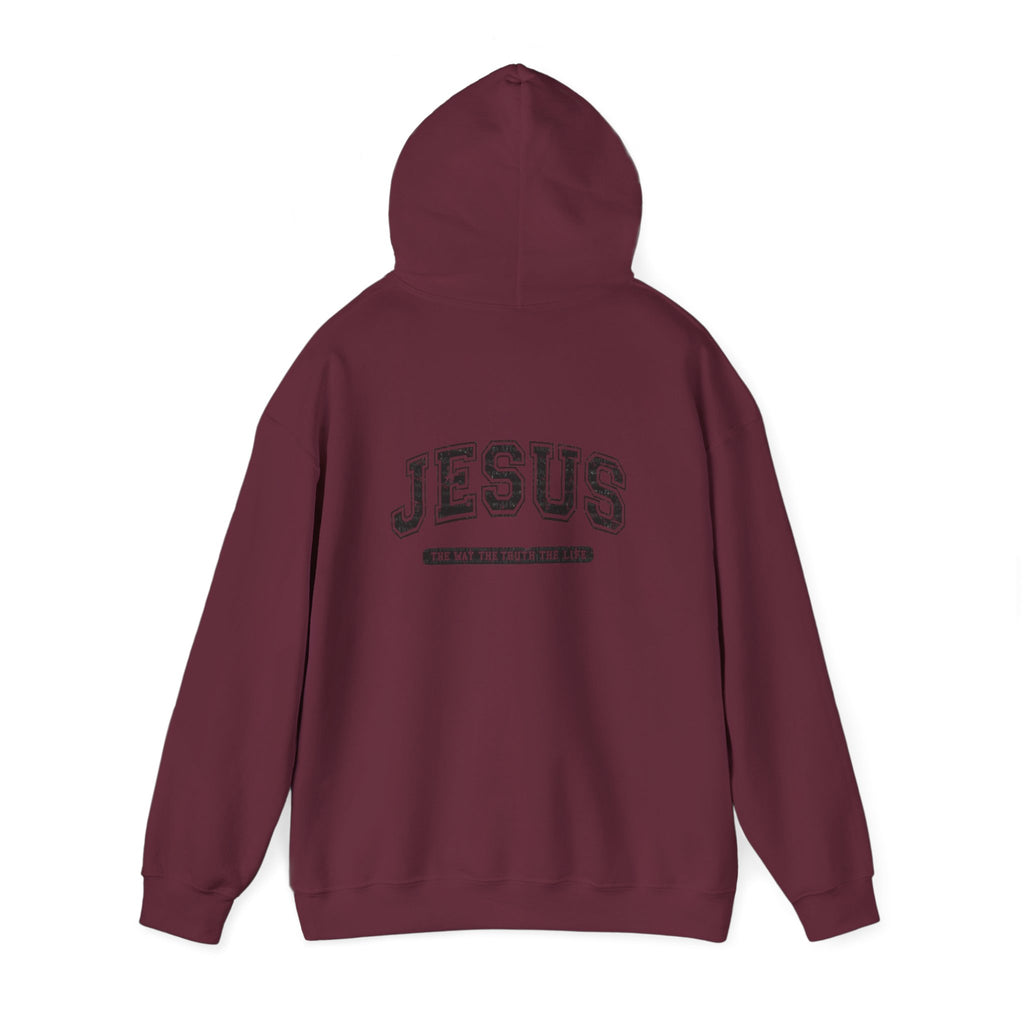 Jesus Cross Hoodie — Vintage Collegiate Faith Sweatshirt (Back: JESUS, Front Cross)
