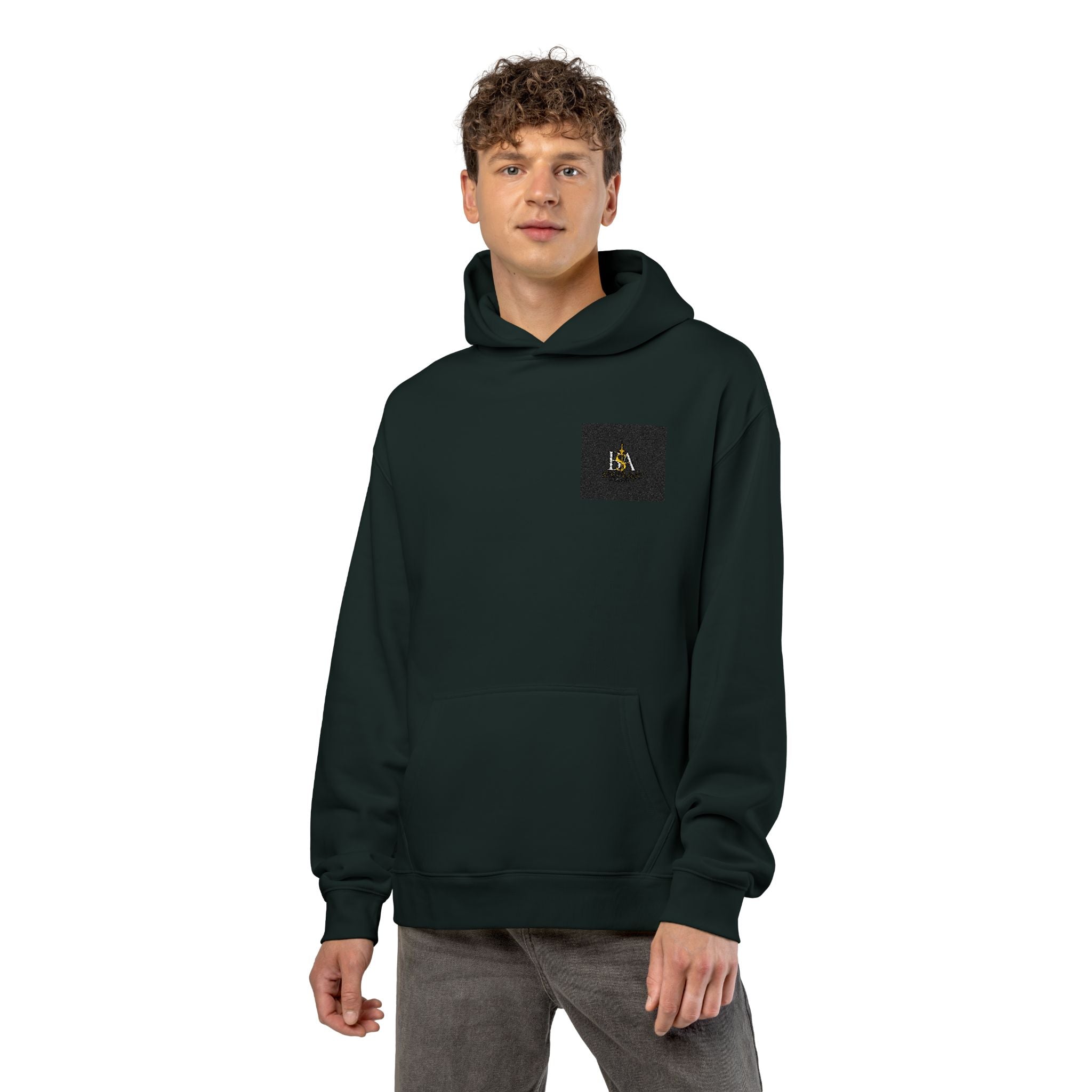 Relaxed Hoodie with Tiny Mountain Patch – Minimal Cozy Outdoor Graphic Hoodie