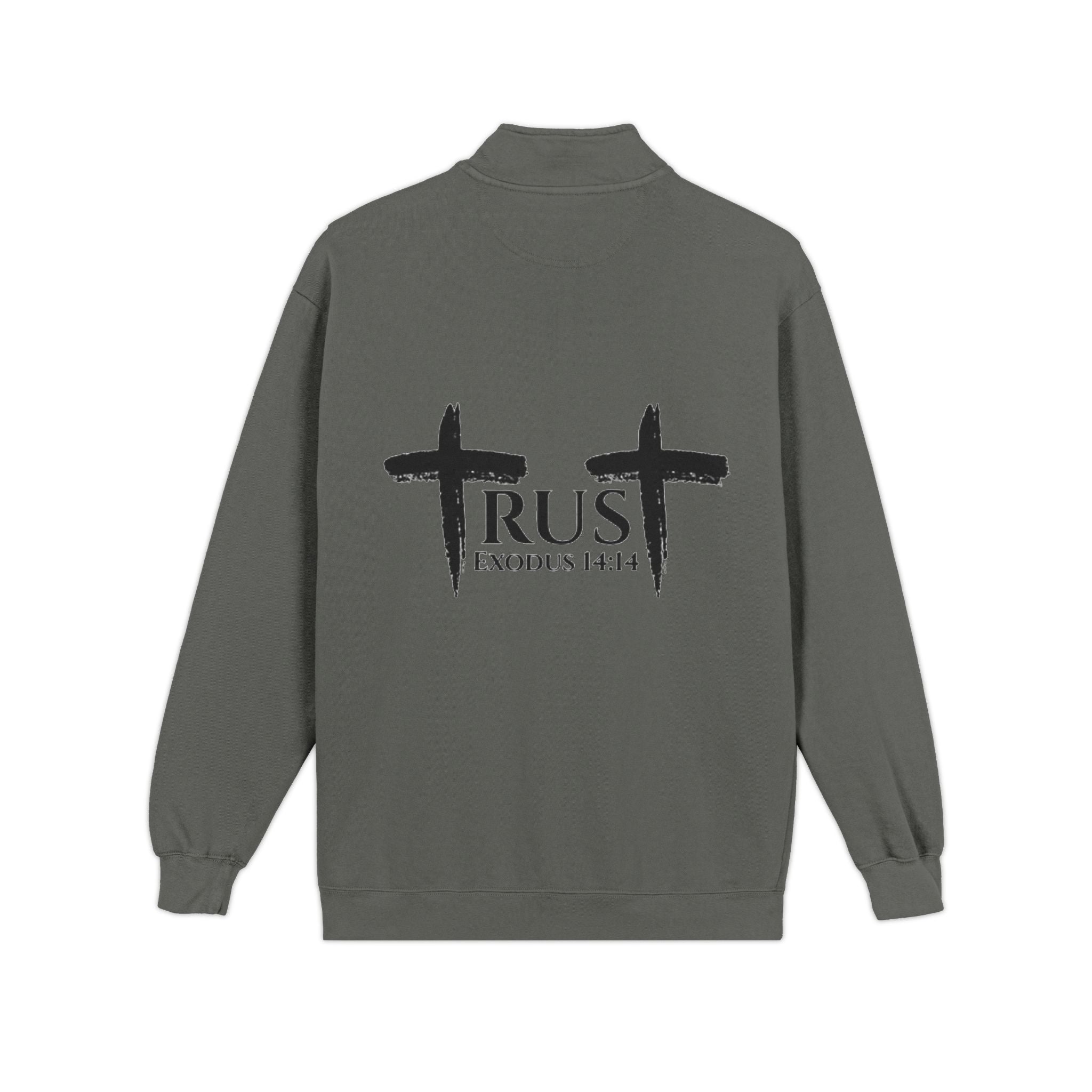 Quarter-Zip Sweatshirt — Rustic Faith 'Trust' Design with Crosses (Embroidered Chest Logo)