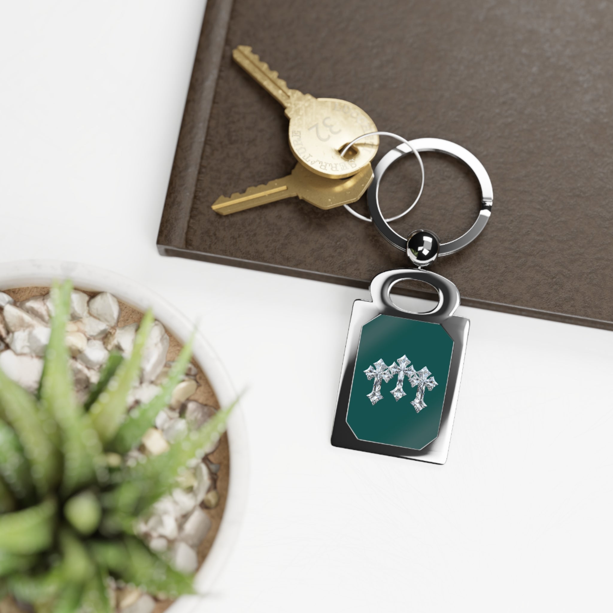 Engraved Rectangle Photo Keyring — Customizable Silver Keychain with Emerald Inset