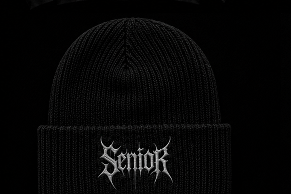 Embroidered Ribbed Beanie — Black Heavy Metal Logo Knit Hat